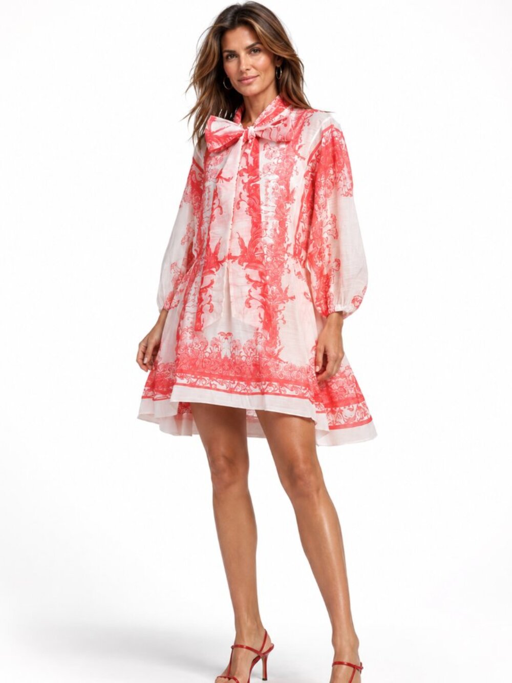 NWT NANCY YANG Crinkle Hi-Lo Tie Neck Mini Dress Coral White Toile Print Size S